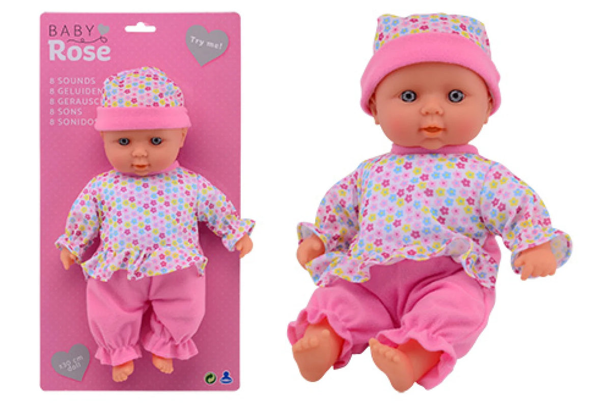 Baby Rose Babypop met 8 verschillende geluiden +/- 30cm