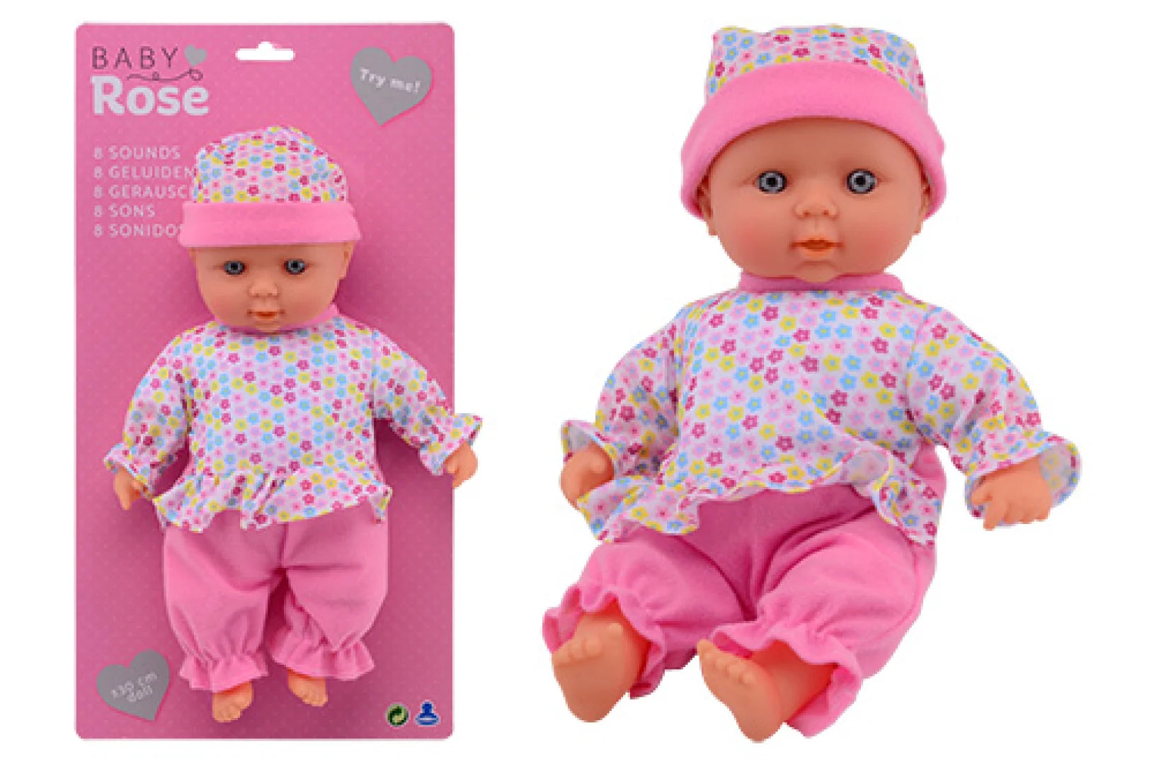 Baby Rose Babypop met 8 verschillende geluiden +/- 30cm