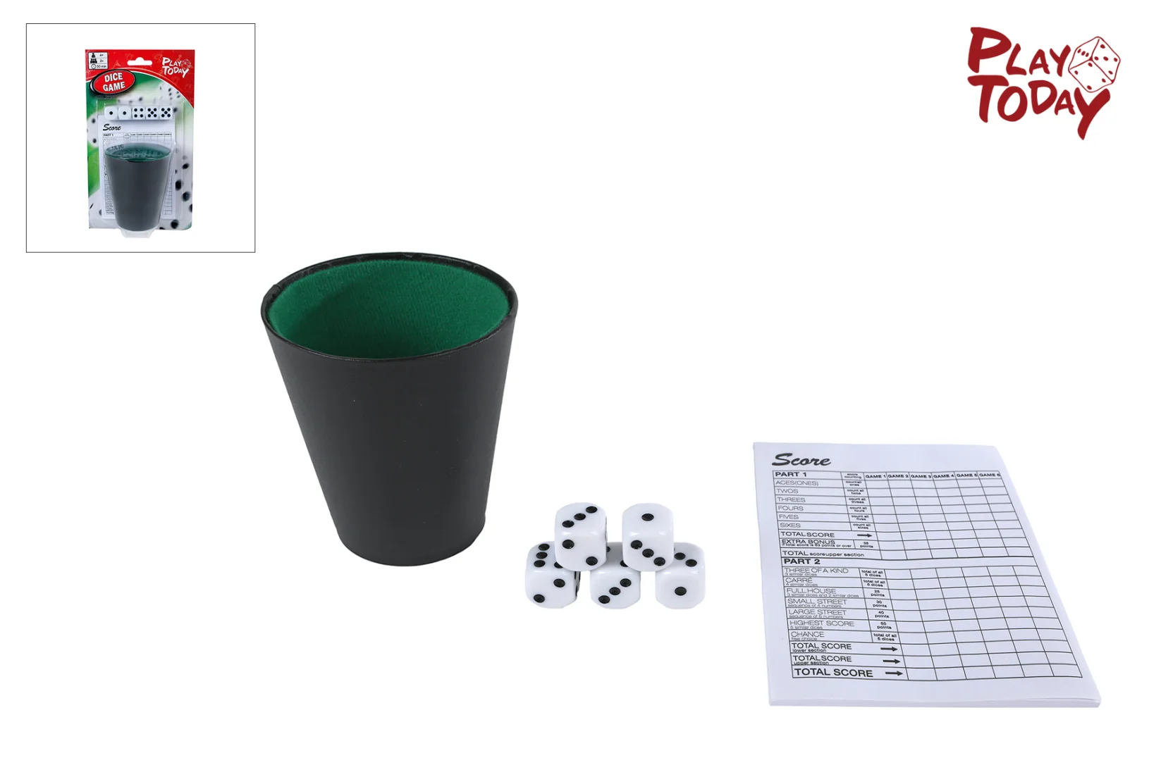 PlayToDay dobbelspel met beker en 5 dobbelstenen