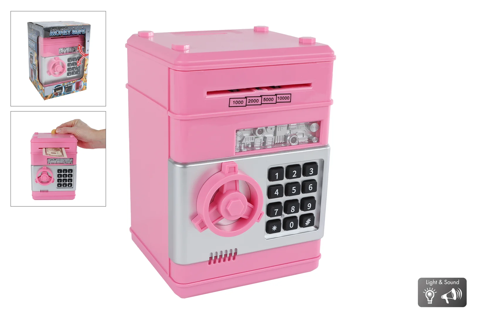 Geldkluis met geheime code en licht en geluid 19,5cm roze