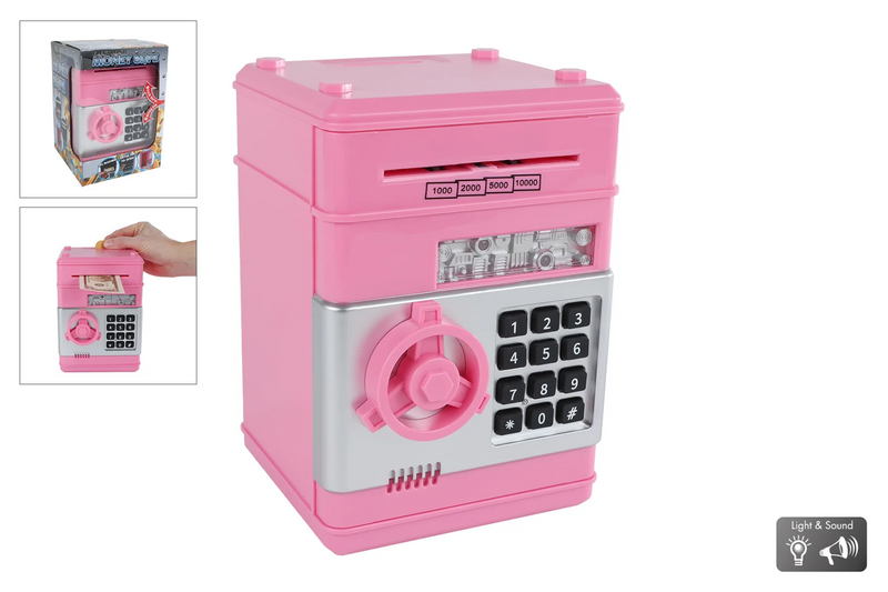 Geldkluis met geheime code en licht en geluid 19,5cm roze