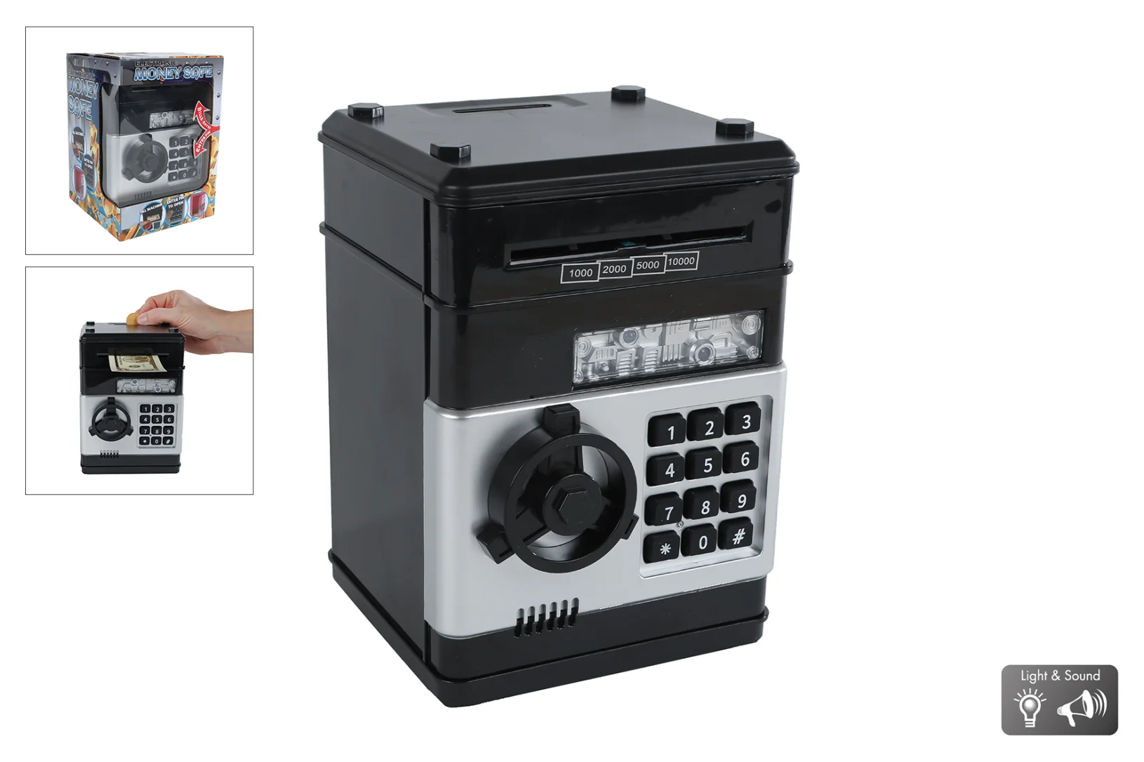 Geldkluis met geheime code en licht en geluid 19,5cm zwart