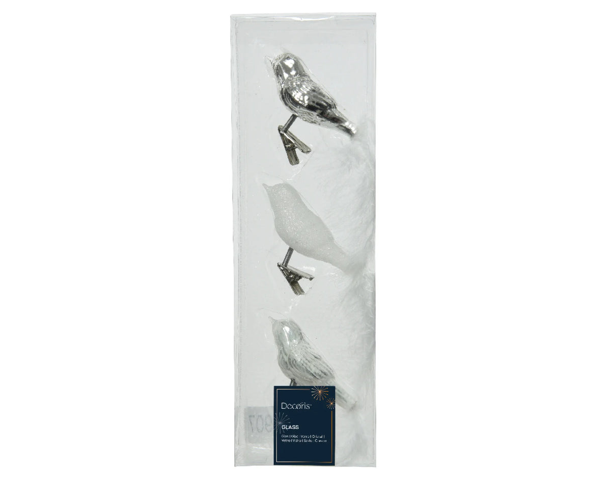 Kerstbal Glas Vogel op clip 3 stuks - Zilver