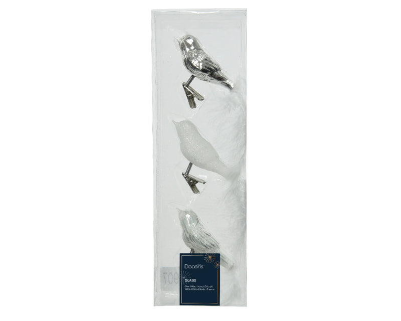 Kerstbal Glas Vogel op clip 3 stuks - Zilver