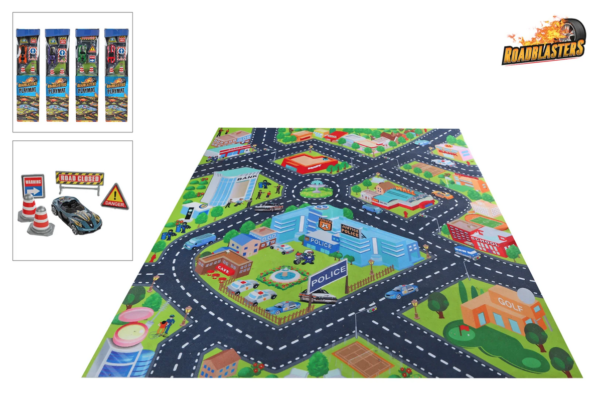 Roadblasters verkeerskleed 80x70cm met auto en accessoires
